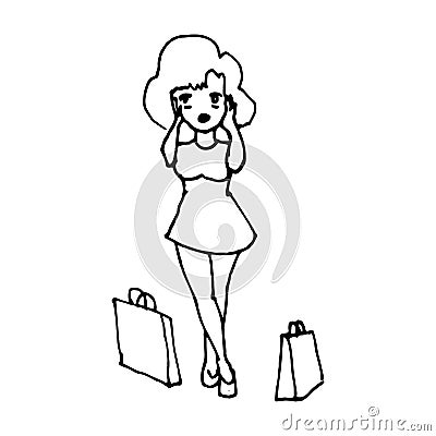 The shopping girl is worth it. Black contour on a white background in doodle style Vector Illustration