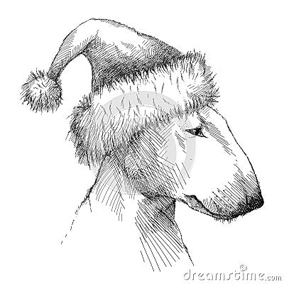 Vector sketch of Bull terrier or Bullterrier dog head profile in Santa Claus holiday hat in black isolated on white background. Vector Illustration