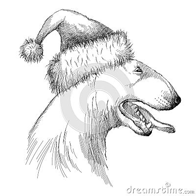 Vector sketch of Bull terrier or Bullterrier dog head profile in Santa holiday hat with open mouth on white background. Vector Illustration
