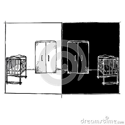 Vector sketch children bedroom, room front view on white and black background Stock Photo