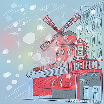 sketch of cityscape with Moulin Rouge in Paris Vector Illustration