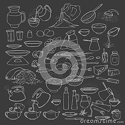 Vector sketch collection set chalk on blackboard food products, beverages and kitchen utensils. Brew tea and coffee Vector Illustration