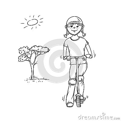 Vector sketch girl teenager on scooter. Child in crash helmet and knee pads play sports. Active walk in summer on Vector Illustration