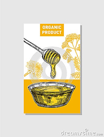 Vector sketch honey poster. Hand drawn vintage style Illustrations. Card design template. Retro background. Vector Illustration