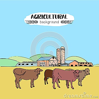 Agricultural farm with cows Vector Illustration