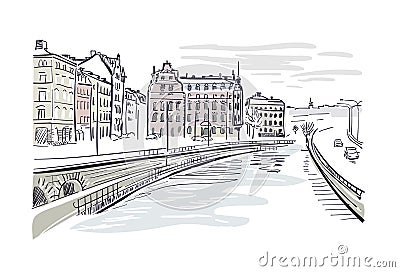 Vector sketch illustration European city Stockholm center Sweden Cartoon Illustration
