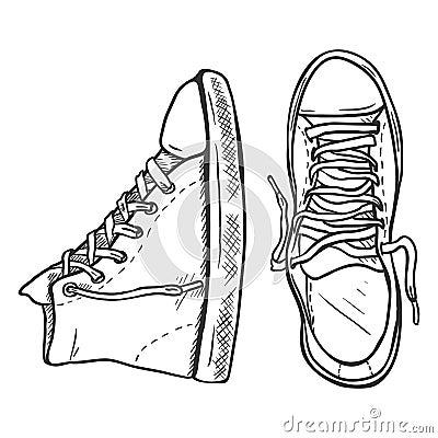 Vector Sketch Illustration - Pair of High Casual Gumshoes. Top and Side View Vector Illustration