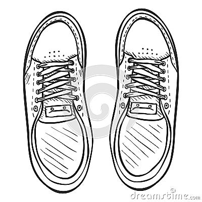 Vector Sketch Illustration - Pair of Skaters Shoes. Top View Vector Illustration