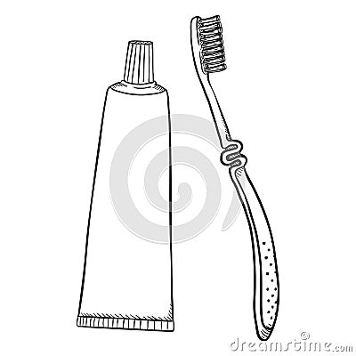 Vector Sketch Illustration - Tube of Toothpaste with Toothbrush Vector Illustration