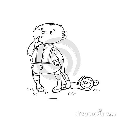 Vector sketch little boy looks with curiosity and stuck finger in mouth holds Teddy bear in his hand. Active play Vector Illustration