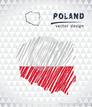 Poland vector map with flag inside isolated on a white background. Sketch chalk hand drawn illustration Vector Illustration