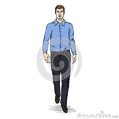 Vector Sketch Men Model in Long Sleeve Shirt and Trousers. Business dress code Stock Photo