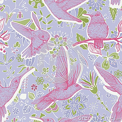 Vector sketch pattern with Hummingbirds and flowers. Colorful design for web, wrapping paper, phone cover, textile Vector Illustration