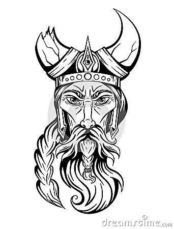 Vector sketch portrait of an ancient viking in a horned helmet. The head of a barbarian warrior with a beard and braid. Ink Vector Illustration