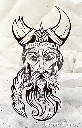 Vector sketch portrait of an ancient viking in a horned helmet on old paper. The head of a barbarian warrior with a beard Vector Illustration