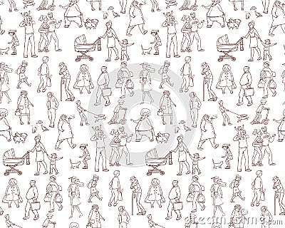 Vector sketch seamless pattern of illustrations walking urban residents. Children and adults on the street in the city Vector Illustration