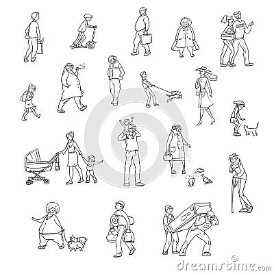 Vector sketch set of illustrations walking urban residents. Children and adults in various situations on the street in Vector Illustration