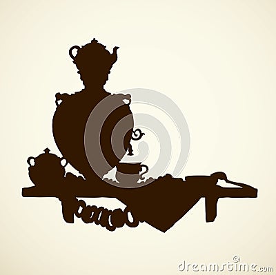 Vector Sketch a still life with samovar, bagels and jam Vector Illustration