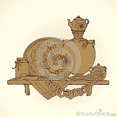 Vector Sketch a still life with samovar, bagels and jam Vector Illustration