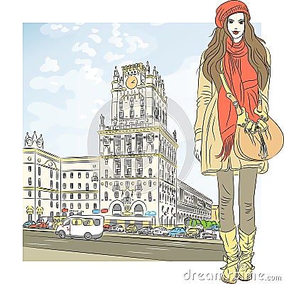 Vector sketch of a stylish girl in the city-center Vector Illustration