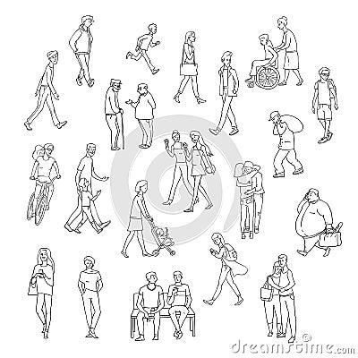 Vector sketch walking people urban residents. Children and adults characters in various situations on street city. Woman Vector Illustration