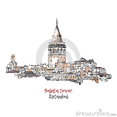 Vector sketch watercolor illustration with the Galata Tower in Istanbul, Turkey. Hand drawn famous turkish landmark Cartoon Illustration