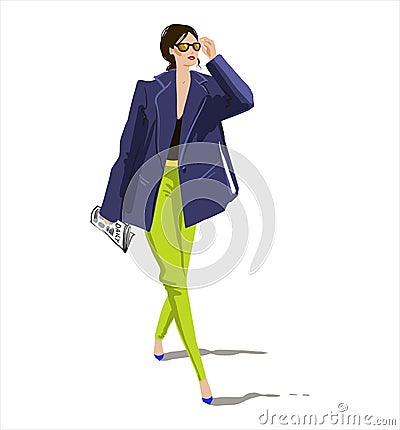 Vector sketch of a young woman walking with a newspaper. Casual look, street fashion Vector Illustration