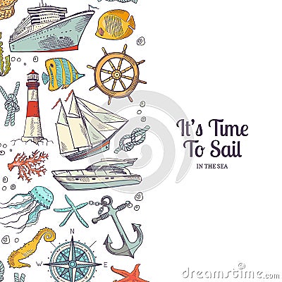 Vector sketched colored sea banner elements Vector Illustration