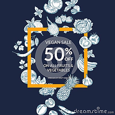 Vector sketched fruits and vegetables shop or market sale background with bold frame Vector Illustration