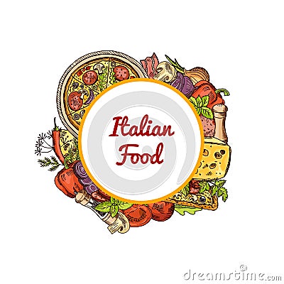 Vector sketched italian pizza, spices, vegetables and cheese Vector Illustration