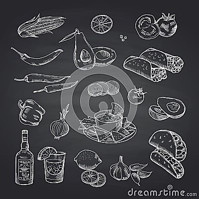 Vector sketched mexican food elements set on black chalkboard Vector Illustration