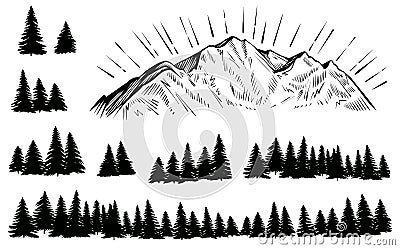 Vector sketched mountain with forest silhouette with sun rays. Vector Illustration