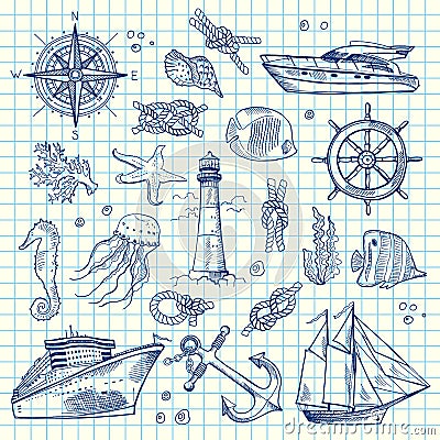 Vector sketched sea elements on notebook cell sheet Vector Illustration