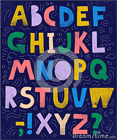 Vector sketchy, collage font, abc. Colorful textured letters and signs Vector Illustration