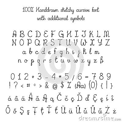 Vector sketchy handdrawn italic cursive font with additional symbols Vector Illustration