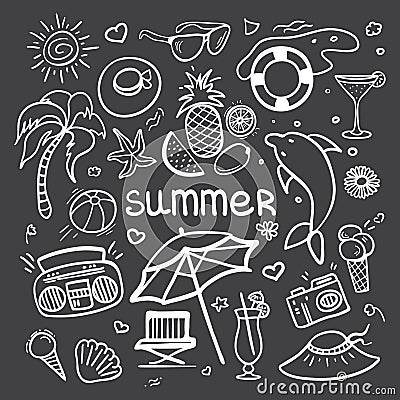 Vector sketchy line art Doodle cartoon set of objects and symbols for summer holidays on blackboard Vector Illustration