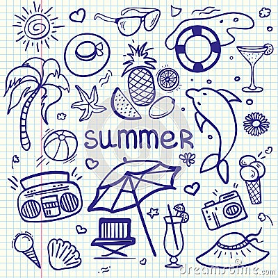 Vector sketchy line art Doodle cartoon set of objects and symbols for summer holidays Vector Illustration