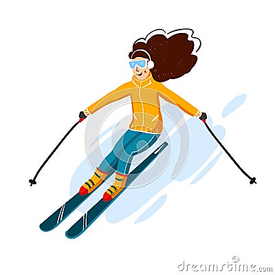 Vector skiers cartoon flat style. Woman in the ski resort. Winter sport activity. Simple characters. Isolated on white Vector Illustration