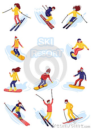 Vector skiers and snowboarders cartoon flat style. Men and women in the ski resort. Winter sport activity. Simple Vector Illustration
