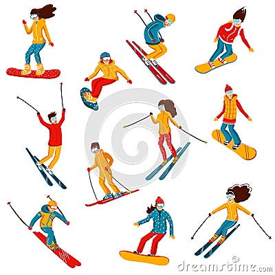 Vector skiers and snowboarders cartoon flat style. Men and women in the ski resort. Winter sport activity. Simple Vector Illustration