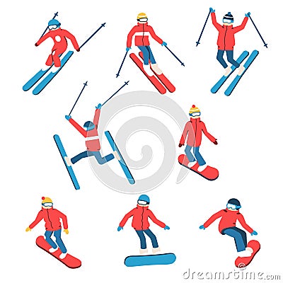 Vector skiers and snowboarders flat style. Winter sport activity. Simple characters isolated on white background Vector Illustration