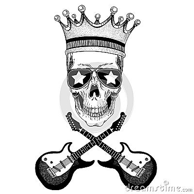 Vector skull in crown with guitars. Logo for shirt, musical poster Vector Illustration