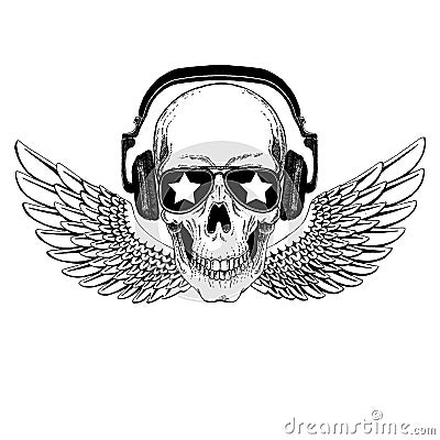 Vector skull in headphones with wings. Logo for shirt, musical poster Vector Illustration