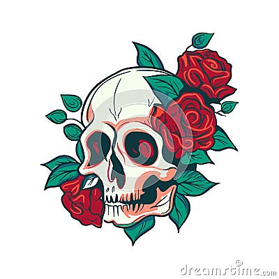 Vector skull and rose flower logo icon, Art Halloween floral detailed tattoo illustration, vintage retro design Vector Illustration