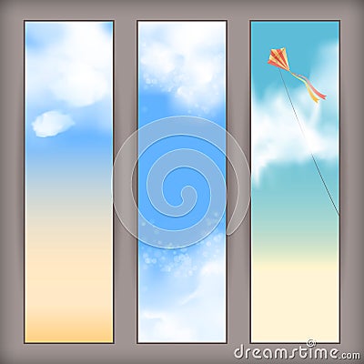 Vector sky banners with white clouds, flying kite Vector Illustration