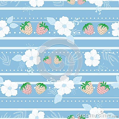 Vector sky blue pastel strawberries white flowers stripes seamless floral pattern background with hand drawn elements Vector Illustration