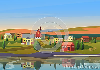 Vector Small town landscape with houses on shore of river with hills under blue morning sunsrise sky on background. Vector Illustration