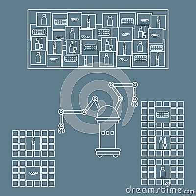 Smart automatic robotic sorting of drugs. Replacement of people with robotic mechanisms. Development of artificial intelligence Vector Illustration