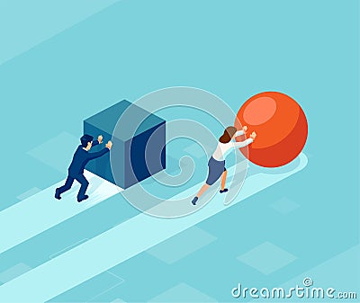 Vector of a smart businessman pushing a sphere leading the race against a group of slower businessmen pushing boxes Vector Illustration