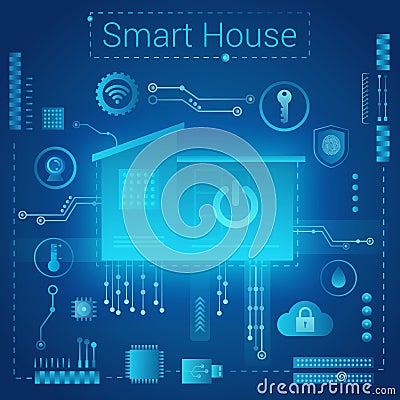 Smart home modern absract light style concept. Smart home in microchip pathways futuristic background. Internet of Vector Illustration